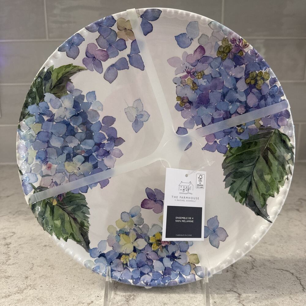 Set 4 HYDRANGEA 10.5” Melamine Dinner Plates Farmhouse Rachel Ashwell NEW Blue